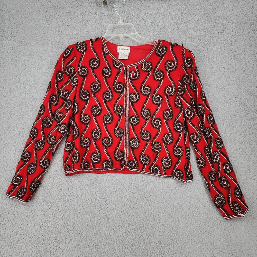 Vintage Stenay Beaded 100% Silk Jacket Mardi Gras Red Black Size PL